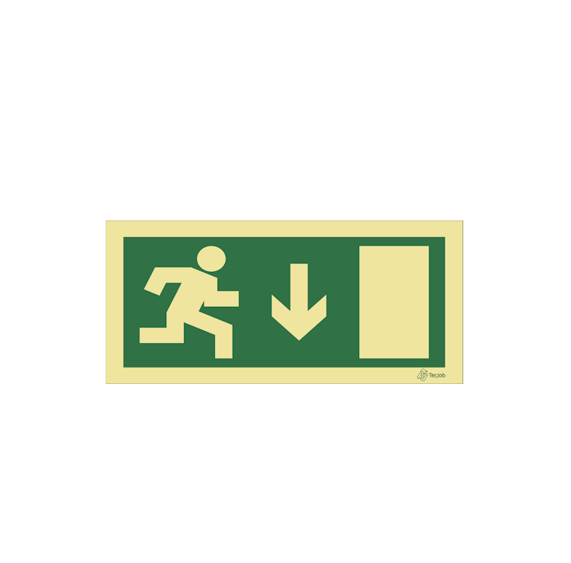 Señal Salida de emergencia con flecha hacia abajo y puerta a la derecha – E0014