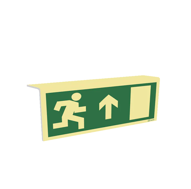 Señal Salida de emergencia con flecha hacia arriba y puerta a la derecha – E0085
