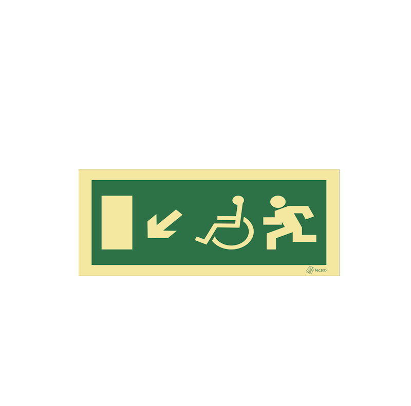 Sinalética Saída para Pessoas com Deficiência ou Mobilidade Condicionada - Seta Diagonal Esquerda para Baixo - E0102