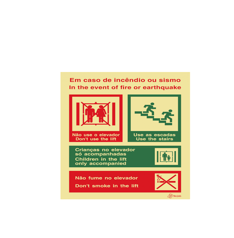 Signage: In case of fire or earthquake, do not use the elevator. Use the stairs. Children must be accompanied in the elevator only. No smoking in the elevator. - I0362